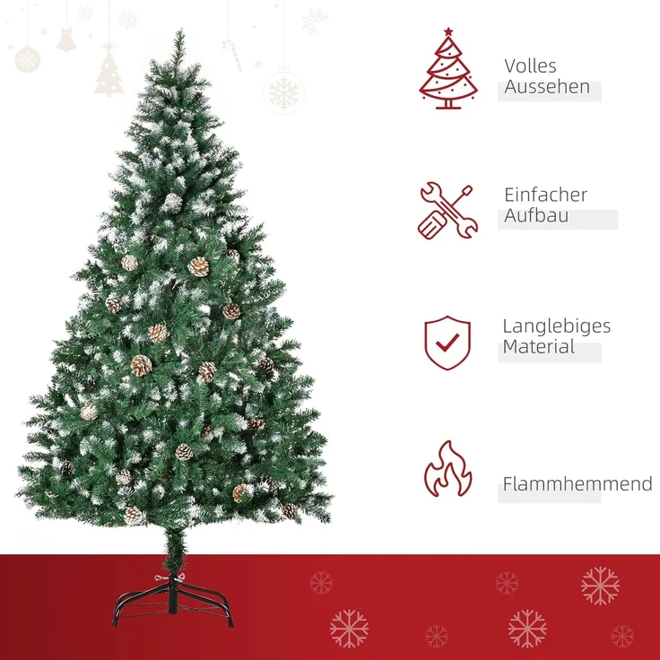 HOMCOM Künstlicher Weihnachtsbaum mit 59 Zapfen, Schnee, 1111 Spitzen, Kieferbaum, Weihnachtsdeko inkl. Metallständer für drinnen – Bild 3
