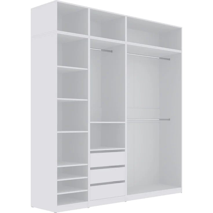 Marmex Möbel Tres Set-J/N (B) Einbauschrank über Eck, Begehbarer Kleiderschrank offen mit Aufsatz, Ankleidezimmer Möbel mit Regalen und Kleiderstangen, laminierte Spanplatte, weiß 101/150x246x51 cm – Bild 10