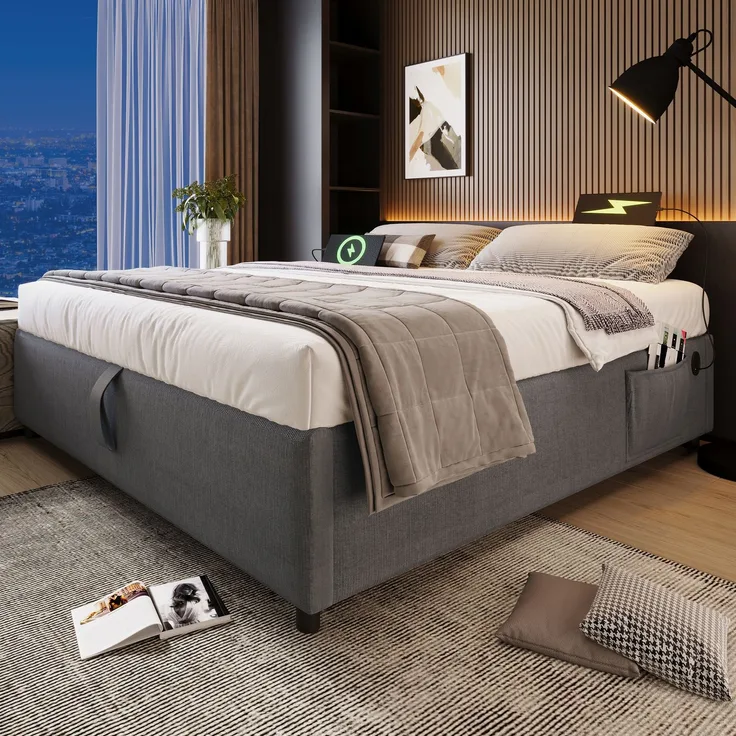Polsterbett Einzelbett 140×200 cm,Tagesbett mit Stauraum, USB & Type-C Ladeanschlüssen, Leinenbezug,in Grau