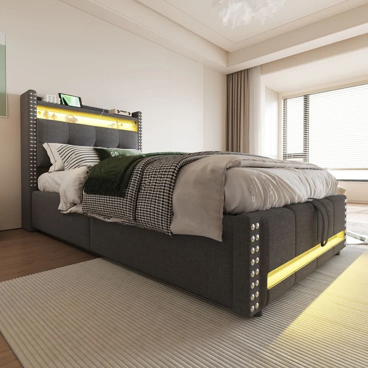 EINHOM Polsterbett Kinderbett 90 x 200 cm mit LED-Beleuchtung und USB-Steckdose, Kopfteil mit Einlegeböden und Stauraum, mit Hydraulik für die Lagerung, Einzelbett, Leinenstoff Grau, (Ohne Matratze) – Bild 4