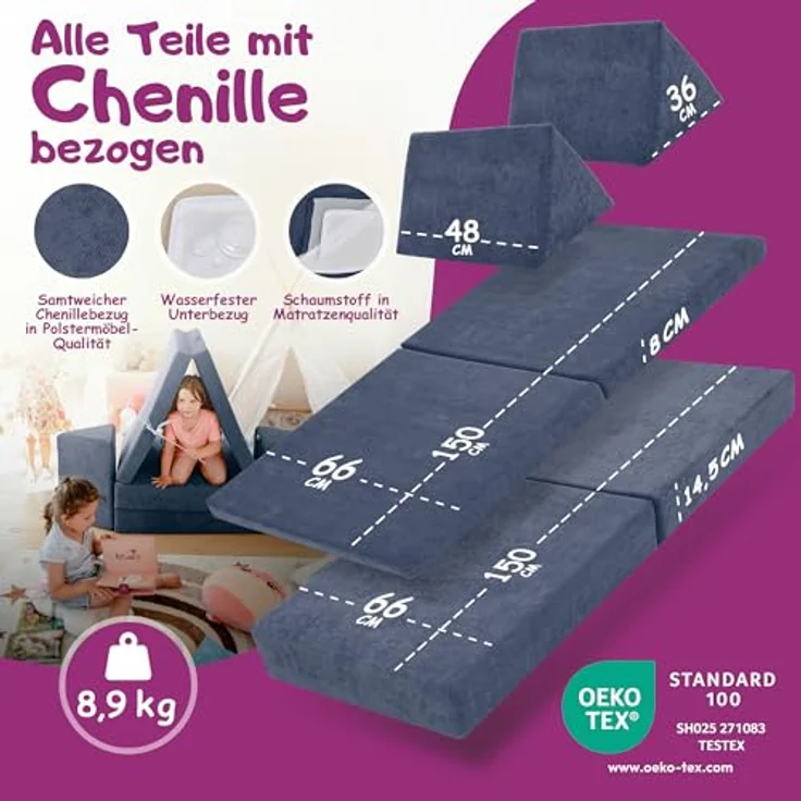 Linodino Kindersofa Spielsofa I aus Schaumstoff Bausteine I Spielcouch für Kinder, Wasserfeste Unterbezüge, Waschbare Chenille Bezüge 30° – Bild 6