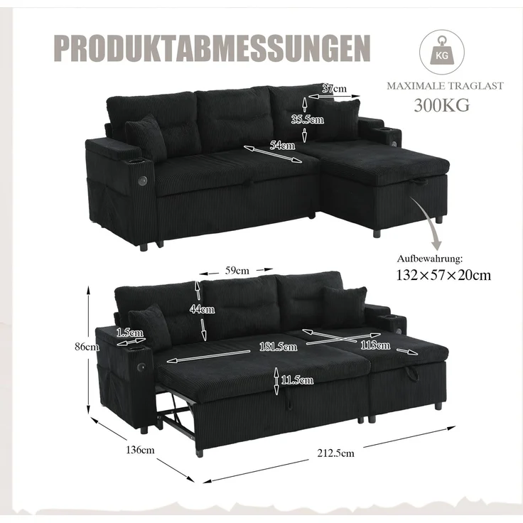 EINHOM Moderne 3-Personen Cordsofa mit Stauraum, Getränkehaltern und USB-C. hydraulischer Chaiselongue und Schubladenbett – Stilvolles Design trifft Komfort, Flexibilität und wohnliche Atmosphäre – Bild 2