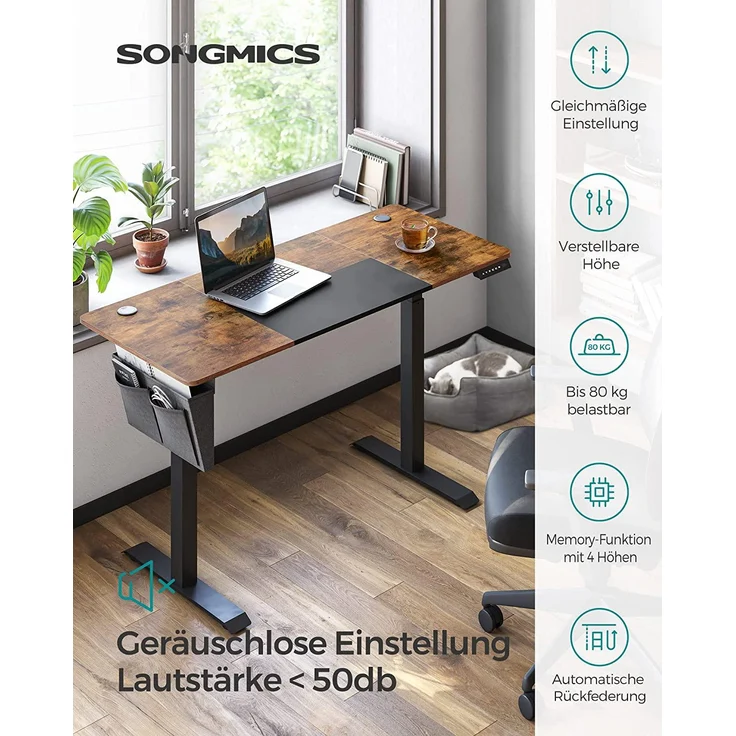 SONGMICS Höhenverstellbarer Schreibtisch, elektrisch, stufenlos verstellbar, gespleißte Platte, 4 Höhe gespeichert, Stofftasche, 140 x 60 x (72-120) cm, aus Stahl, vintagebraun-schwarz LSD016X01 – Bild 3