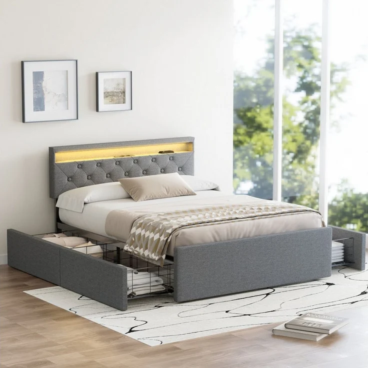 oyajia Polsterbett LED Doppelbett 140x200cm, Stauraumbett mit Kopfteil und 4 Schubladen (Leinenmaterial Polsterbett mit RGB Beleuchtung), mit Lattenrost und Ladefunktion, mit Komforthöhe, Leises Design Bett – Bild 3