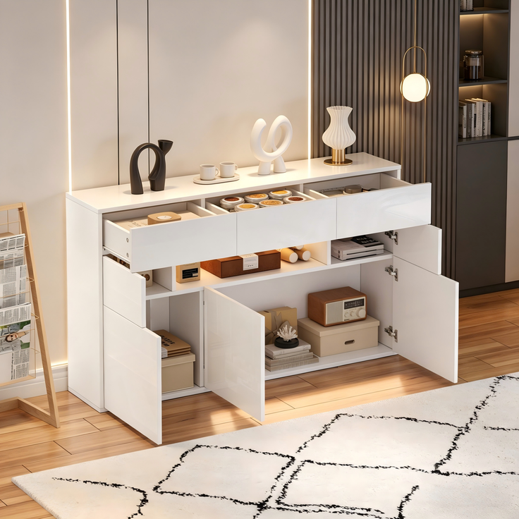Merax 140*30*82cm Wohnzimmer-Sideboard, mit 3 Schubladen und 5 Schränken,Hochglanz-Kommode Mit LED-Lichtleiste,Schrank 140cm breit,MDF, weiß – Bild 2