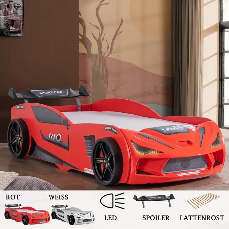 Aileenstore Autobett Rio, Kinderbett 90 x 200 cm, inkl. Lattenrost, Heckspoiler LED-Beleuchtung