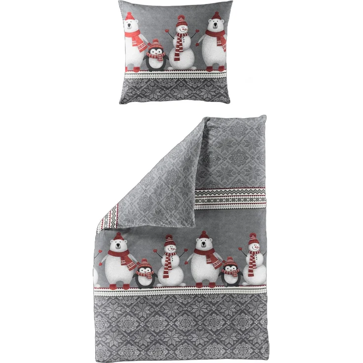 Bettwäsche Bierbaum Biber 3667-10 Eisbär Schneemann Grau Rot 135x200 – Bild 2