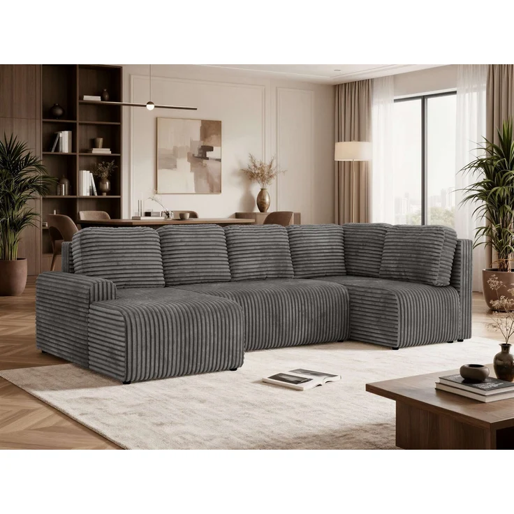 U-förmiges Sofa NESSARO COR U mit Schlaffunktion und Bettkasten, Freistehende Wohnlandschaft, DL-System, Bonellfederkern - Grau Cord - Rechts Seite – Bild 1
