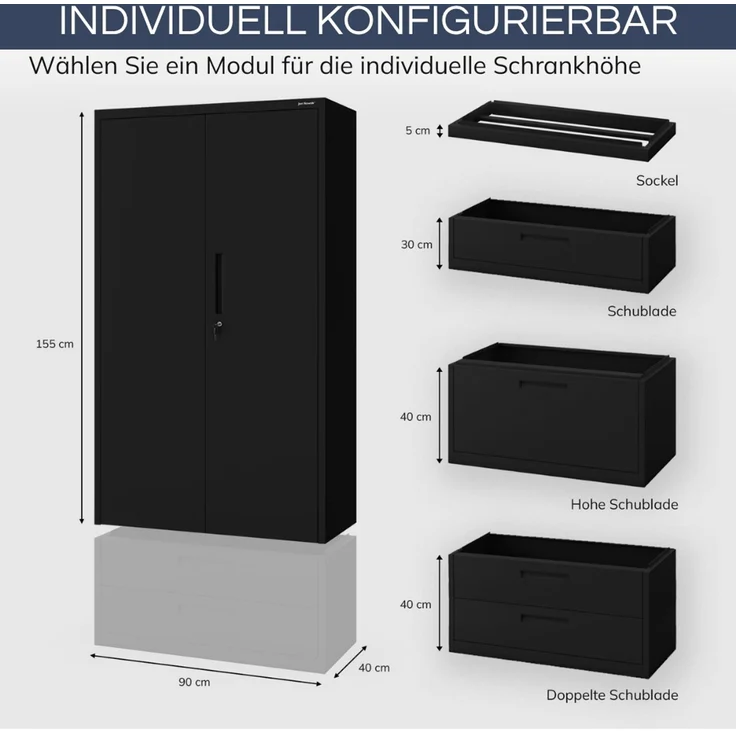 Metallschrank mit Doppel-Schublade RUEL - 195x90x40cm Schwarz | Büroschrank Aktenschrank Stahlschrank Fachbodenschrank Werkstattschrank – Bild 2
