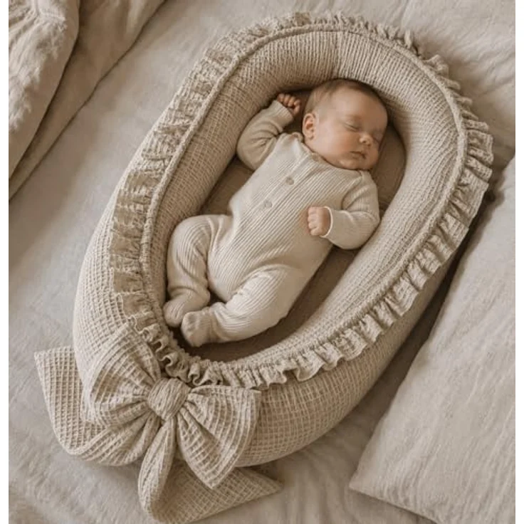 Babynestchen Neugeborene mit Rüschen – Babynest aus Waffelpique Baumwolle – Nestchen Baby für Babybett & Kinderbett – Babykokon Tragbar – OEKO-TEX zertifiziert - Sand – Bild 2