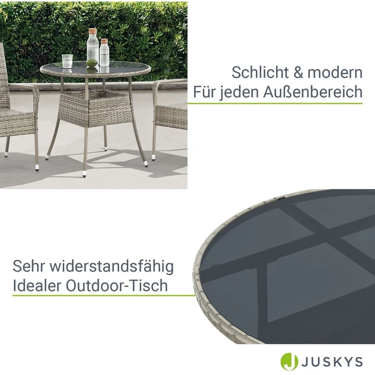 Juskys Polyrattan Gartentisch Yoro wetterfest - Balkontisch Ø 80 cm rund - Rattan Beistelltisch mit Glasplatte - kleiner Tisch für Balkon - Grau – Bild 3