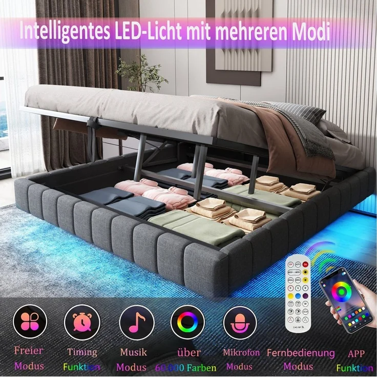 Odikalo Stauraumbett Polsterbett Hydraulisch Schwebebett LED Leinen Beige/Grau 140-180cm – Bild 3
