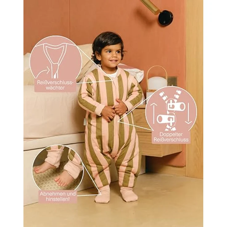 molis&co. Baby-Schlafsack mit Füßen, abnehmbare Ärmel und Socken. 2.5 TOG. Ideal für die Übergangszeit und den Winter. 100% Baumwolle (Oeko-TEX 100). (Khaki&Rose Stripes, 90 cm (3 Jahre)) – Bild 4
