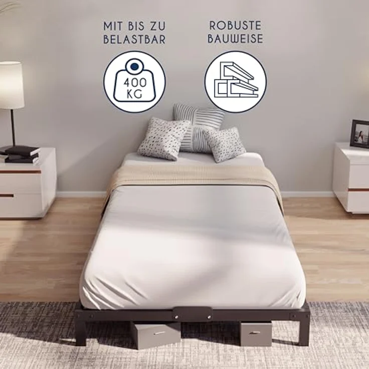 Dreamzie Bett 90x200 aus Metall - Bettgestell 90x200 für Matratze Einzelbett, Höche 25 cm - Robust, Leichte Montage, Umfangreicher Stauraum - Schwarzer Lattenrost – Bild 4
