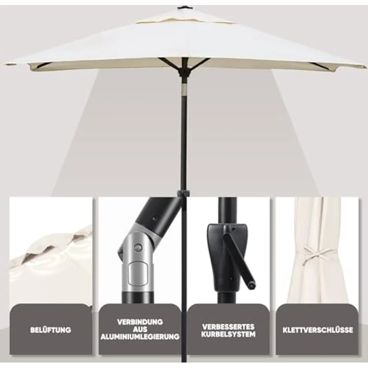 Sekey Sonnenschirm mit Kurbel und UV50+, knickbar, Aluminium creme, 210 × 140 cm – Bild 4