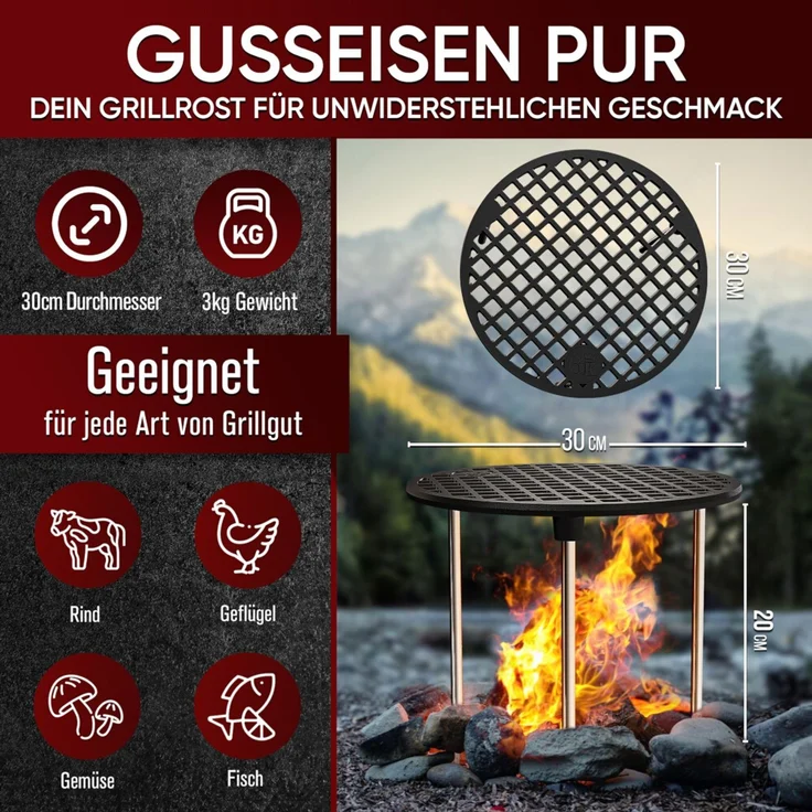 Grillrost 30 cm aus Gusseisen mit 3 abnehmbaren Beinen – Feuerstellen- & Lagerfeuerrost für Outdoor, Camping & Garten – Bild 2