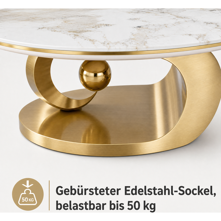 Ovaler Couchtisch 120 x 67 x 45 cm mit Tischplatte in weißer Marmoroptik und goldfarbenem Edelstahlgestell – Bild 9