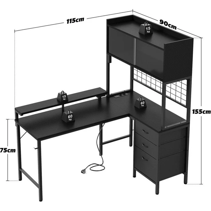 HOMALL Schreibtisch L-förmiger Gamingtisch mit Regal, LED-Leuchten, Steckdose & Schubladen (Maße: 115 cm, mit Vitrine, 4 Stoffschubladen und Haken, links oder rechts montierbar) – Bild 3