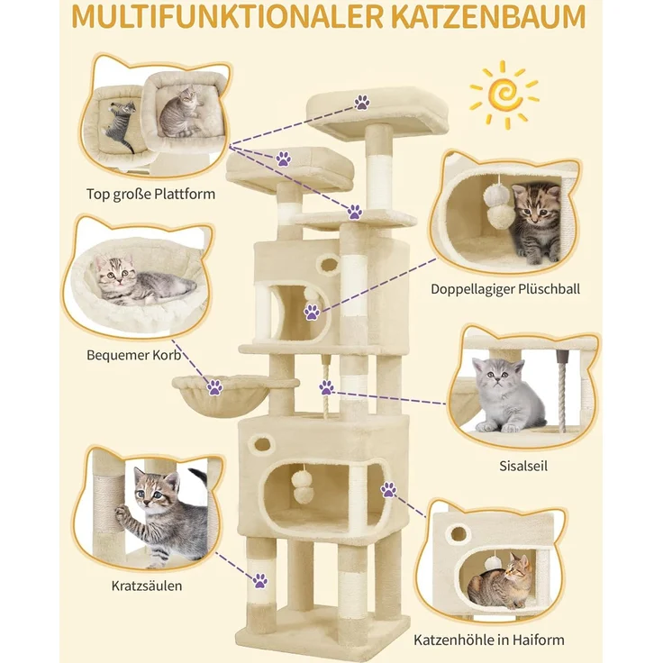 Kratzbaum, 159 cm Katzenbaum mit 8 Kratzsäulen, 3 Plattformen, 2 Höhlen, Korb, Plüschbälle, Sisalseil, Geeignet für Katzen Verschiedener Größen, Beige – Bild 4