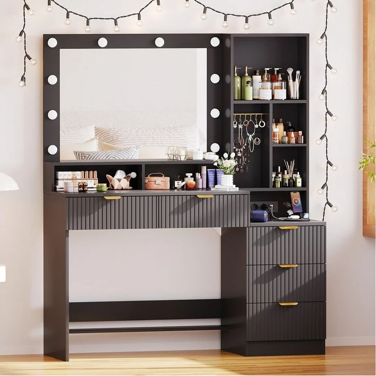 Furnicopia Schminktisch Einstellbare LED-Beleuchtung Fünf Schubladen und sieben Staufächer (Abmessungen: 114 × 40 × 149 cm Der Schminktisch verfügt über zwei europäische Steckdosen, einen USB-Anschluss, einen Typ-C-Anschluss und zwölf Schmuckhaken) – Bild 5
