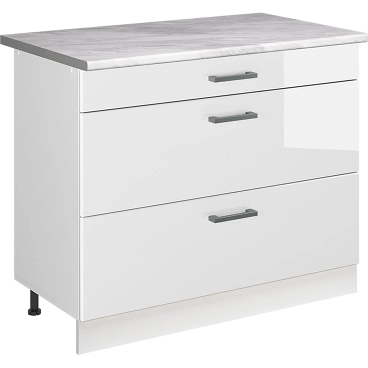 Küchenunterschrank R-Line Weiß Hochglanz/Weiß 100 cm Arbeitsplatte Marmor Vicco – Bild 1