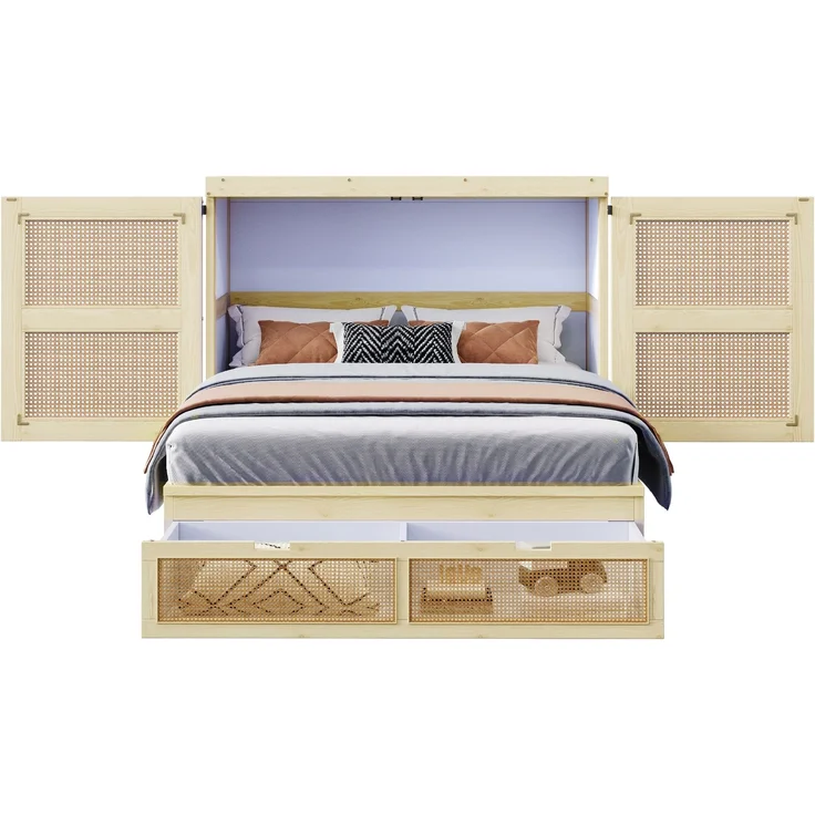 Bett 140x200 cm Schrankklappbett aus Holz in Natur, mit Lattenrost, Schubladen und Rattan-Design, ohne Matratze – Bild 7