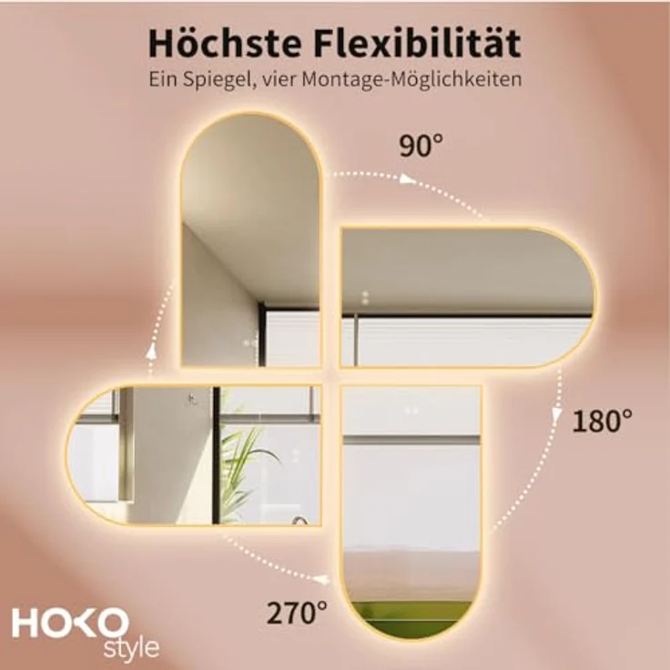 HOKO Badspiegel mit Beleuchtung und Antibeschlag, Gold/Schwarz, 50x90/60x100 cm, Touch-Sensor, wechselbare Lichtfarbe, feuchtraumgeeignet – Bild 7