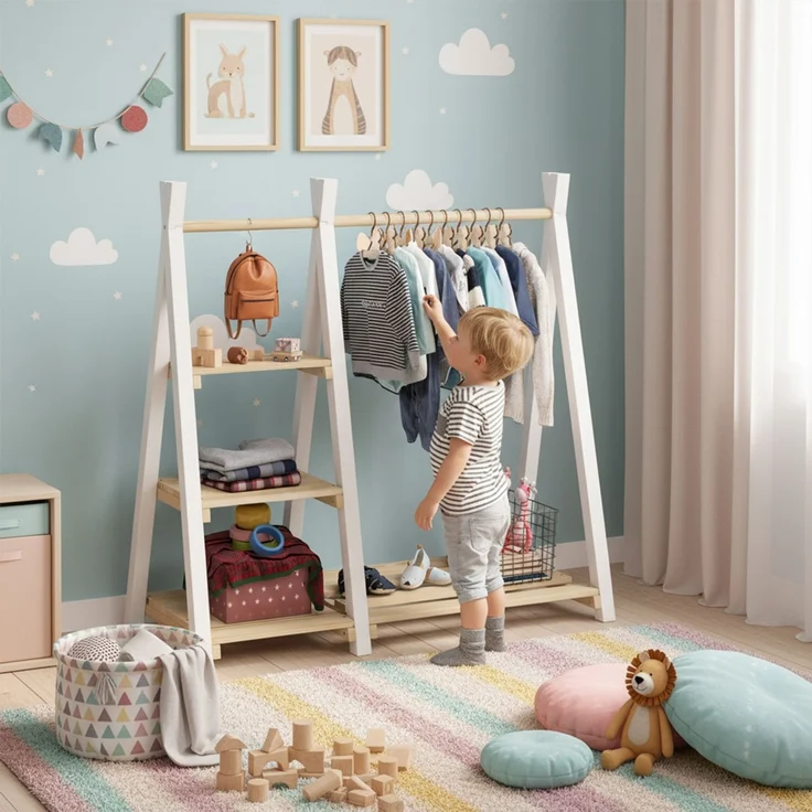 Bellabino 'Ryck' Tipi Kleiderstange mit 3 Regalen, Kiefer Massivholz, weiß/natur, 112x48x112 cm, Kindergarderobe mit Schuhablagefläche – Bild 7
