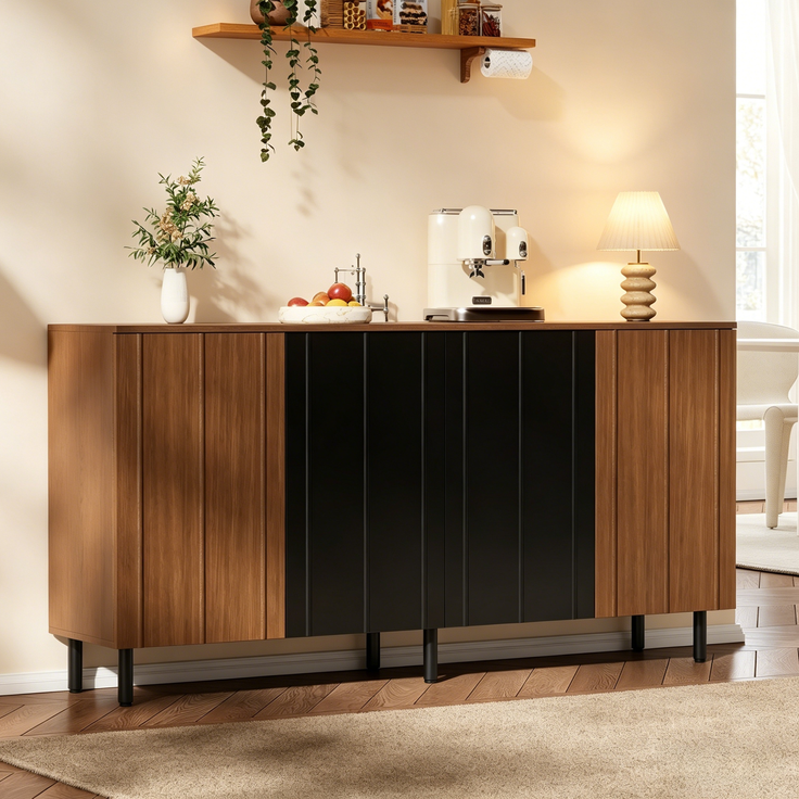 DESVIAE Sideboard mit 4 Türen 160x80x35 cm aus Spanplatte Nussbaumfarben/Schwarz – Bild 5