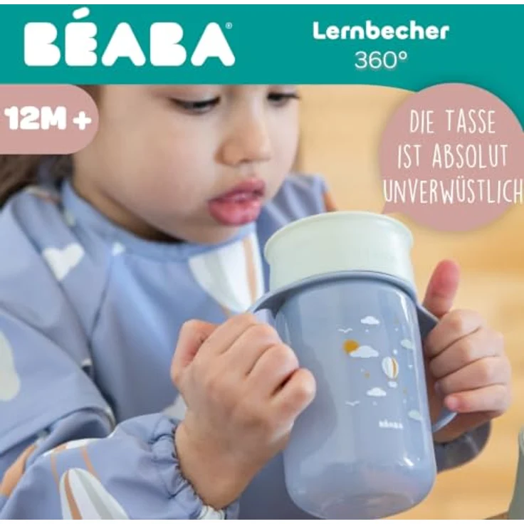 Béaba, 360°-Lerntrinkbecher mit Tropfstopp-Scheibe, patentiertes auslaufsicheres System, ab 12 Monaten, abnehmbare Griffe, mit Hygienedeckel, robust und leicht, 340 ml, Adventure – Bild 2