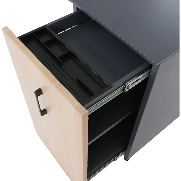 Aktenschrank HWC-Q27, Büroschrank Stahlschrank, Stützrad Staufächer, Metall 74x43x80cm ~ dunkelgrau, Holzfront – Bild 5