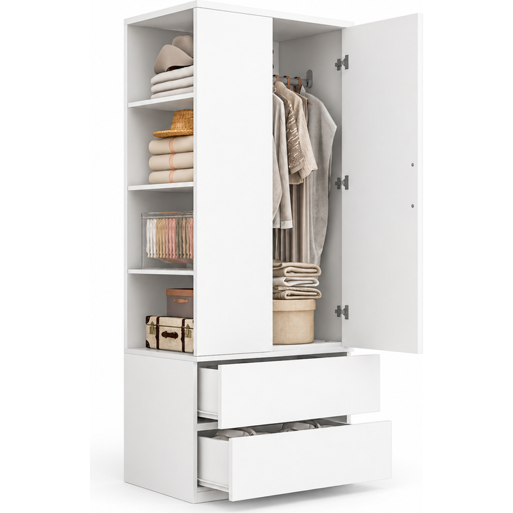 Kleiderschrank 70 x 50 x 175 cm in Weiß und Holzfarbe mit Kleiderstange und Schubladen – Bild 5