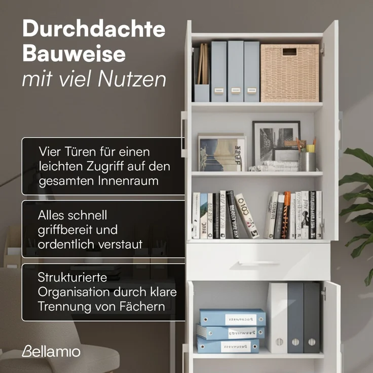 Bellamio 'Apol' Mehrzweckschrank, weiß, 176x33x60 cm, Aktenschrank mit Schublade und 5 Ablagefächern – Bild 6