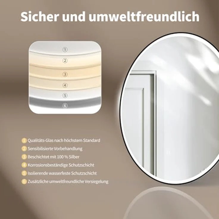 HOKO Badspiegel rund 60 cm Helsinki, LED Beleuchtung mit Touch-Schalter, schwarzer Metall Rahmen, wechselbare Lichtfarbe Warmweiß-Kaltweiß-Neutral, Antibeschlag-Funktion, IP44 – Bild 4