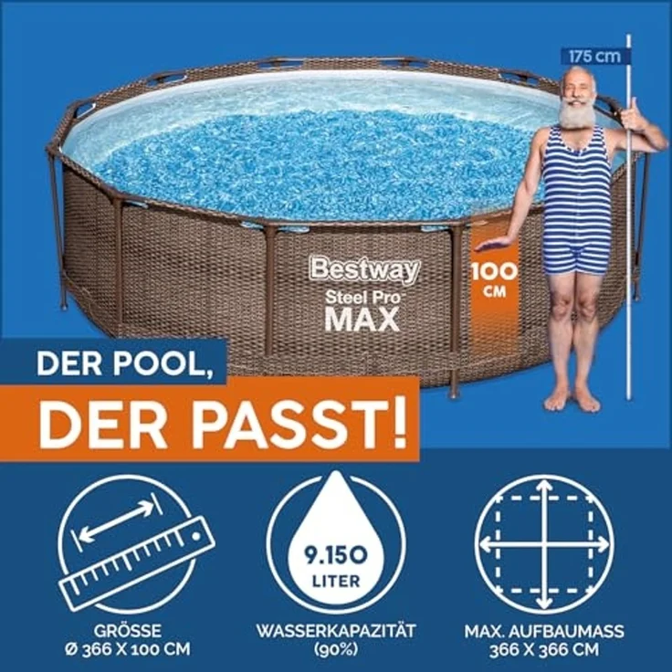Steel Pro MAX™ Solo Pool ohne Zubehör Ø 366 x 100 cm, Rattan-Optik (Schokobraun), rund – Bild 3