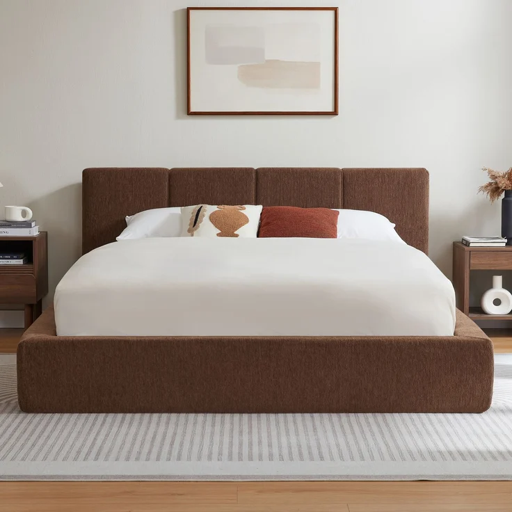 LVHOM Polsterbett 160 x 200cm, Doppelbett mit gepolstertem Kopfteil, Bettgestell mit verstärktem Stahlrahmen, Chenille, Braun – Bild 3