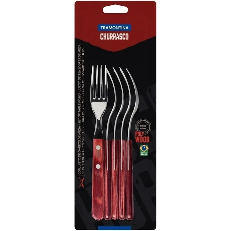 Tramontina Tafelgabel Steak/Pizza - Set 6-teilig, mit FSC Holzgriff (6 Stück), Echtholzgriff, rostfreier Edelstahl, spülmaschinenfest
