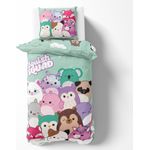 MTOnlinehandel Bettwäsche Squishmallows 135x200 + 80x80 cm, 100% Baumwolle, 2 teilig, Squish Squad, Cam, Fifi, Lola, Winston und Hans, Regenbogen, Wolke