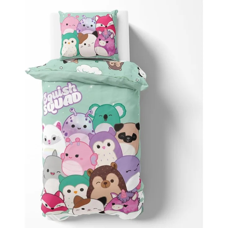 MTOnlinehandel Bettwäsche Squishmallows 135x200 + 80x80 cm, 100% Baumwolle, 2 teilig, Squish Squad, Cam, Fifi, Lola, Winston und Hans, Regenbogen, Wolke