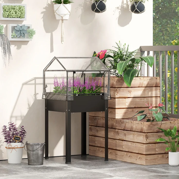 MELAYR, Hochbeet mit Gewächshaus-Dach, Erhöhte Pflanzenbox mit Ablauflöchern, 60 x 60 x 120 cm, Schwarz – Bild 4