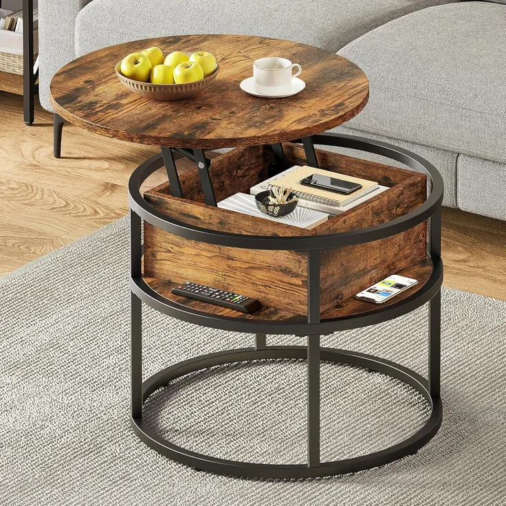 YITAHOME Couchtisch Rund mit Hebeplatte, Wohnzimmertisch mit Stauraum 60 x 60 x 47 cm, Couchtisch rund mit Stauraum für Home Office, Couchtisch Höhenverstellbar Couch Tisch Wohnzimmer