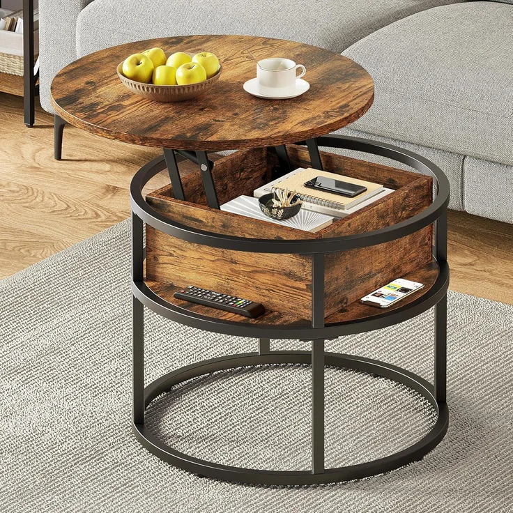 YITAHOME Couchtisch Rund mit Hebeplatte, Wohnzimmertisch mit Stauraum 60 x 60 x 47 cm, Couchtisch rund mit Stauraum für Home Office, Couchtisch Höhenverstellbar Couch Tisch Wohnzimmer – Bild 1