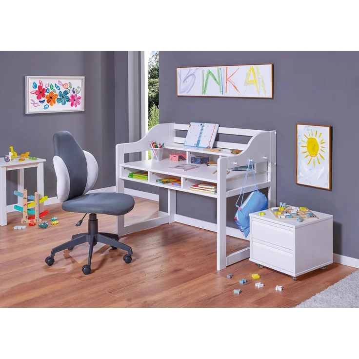 Inter Link - Kinderschreibtisch - Höhenverstellbar - Mitwachsend - Ergonomischer - Jugendzimmer - 6 Fächer - Viel Stauraum - Weiß - Kiefer Massivholz - Kids Learning – Bild 7