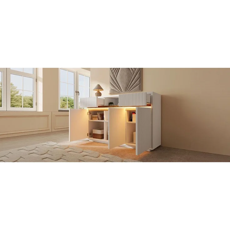 TavilaEcon Sideboard Kommode, Schrank mit LED, 2 Schubladen und 3 Türen weiß 85 × 40 × 140 cm (H × T × B) – Bild 3