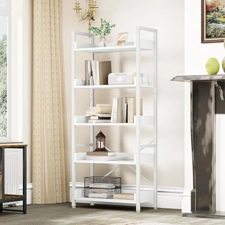 YITAHOME Offenes Bücherregal mit 5 Ebenen, schmal und hoch aus Metall mit 4 Haken, industrielles Lagerregal für Wohnzimmer, Home Office, Reinweiß – Bild 5