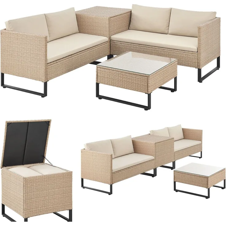Juskys Outdoor Polyrattan Lounge Santorini - Gartenlounge mit Beistelltisch & Auflagenbox - Gartenmöbel Set Rattan Sitzecke wetterfest - Creme