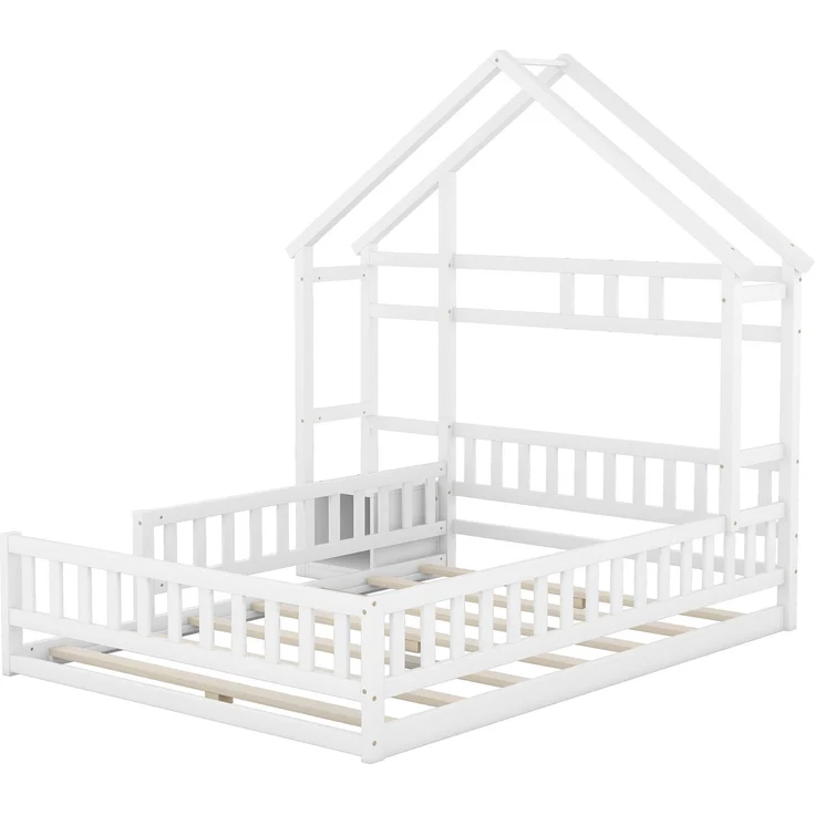 Kinderhausbett, Flachbett aus Kiefernholz mit Geländer, inklusive Nachttisch, stabiles Massivholzbett für Kinder, Weiß – Bild 7