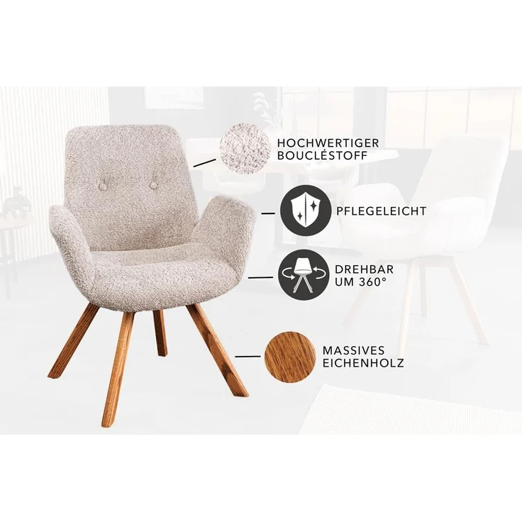 riess-ambiente Polsterstuhl BALTIC beige / natur (Einzelartikel, 1 St), Esszimmer · Bouclé · Eiche-Massivholz · mit Armlehne · 360° drehbar – Bild 5