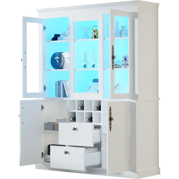 130*37.5*170.5cm Vitrine, Standvitrine mit 2 Schubladen 4 Schranktüren, Glasvitrine mit LED, Wohnzimmerschrank 130 cm breit, Multifunktionsschrank mit 8 Weinregal, Großer Schrank, Weiß – Bild 10