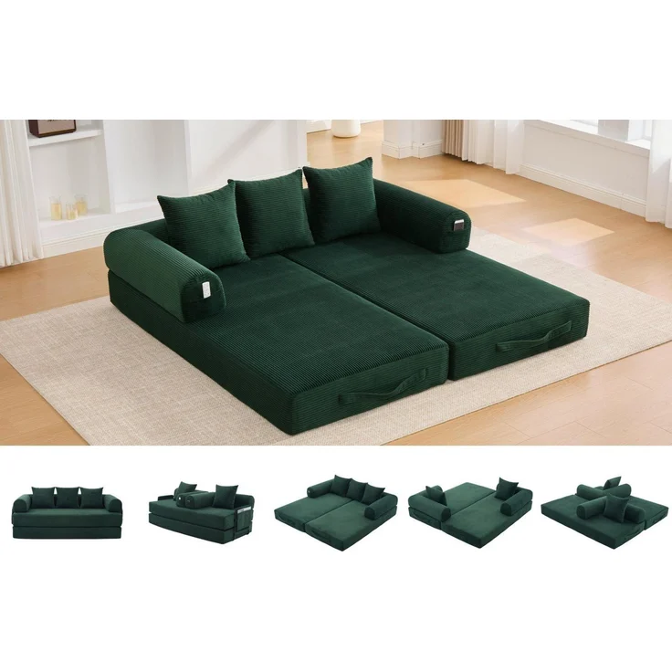 LVHOM Loungesofa faltbar mit Schlaffunktion, Stabil-/abnehmbarer Außenrahmen aus Metall, frei kombinierbar, Liege- oder Klappsofa, 3 Kissen, Hochelastischer Schaumstoff, weicher Cordstoff, Praktische Seitentaschen zur Aufbewahrung, Ideal für flexible R... – Bild 5